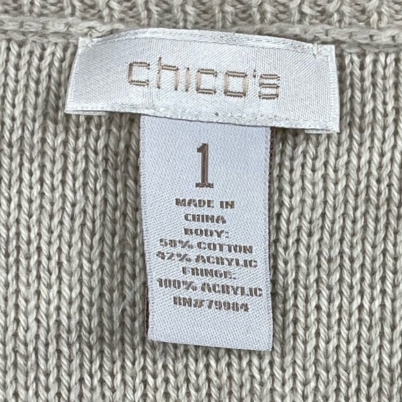 Chico’s Sweater 1 Womens 8 Medium Cardigan Open Front Oatmeal Fringe Chevron - Picture 9 of 11